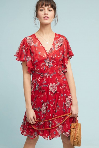 Ranna Gill Keira Floral Dress in red motif | feminine flutter sleeve dresses