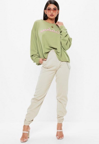 MISSGUIDED khaki calabasas cropped sweatshirt – slouch green slogan sweat tops - flipped