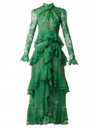 ERDEM Kimber twist-front ruffle-trimmed lace dress ~ green semi-sheer dresses ~ romantic clothing - flipped