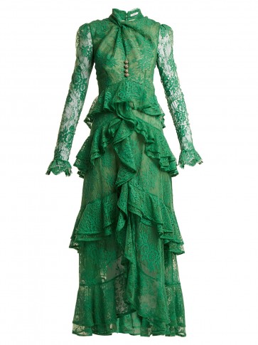 ERDEM Kimber twist-front ruffle-trimmed lace dress ~ green semi-sheer dresses ~ romantic clothing