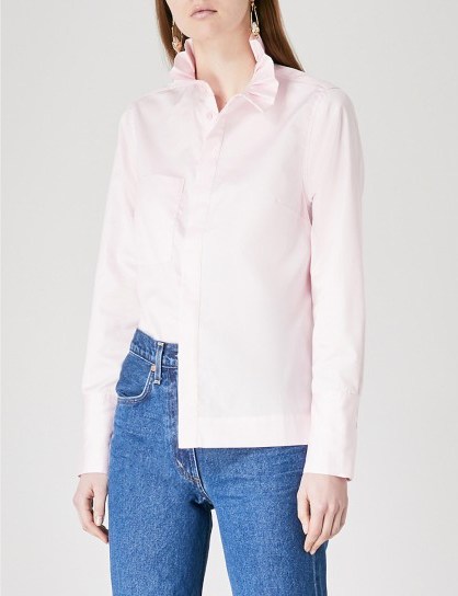 KITRI Ivy frilled-collar cotton-poplin shirt ~ pink ruffle neck shirts - flipped