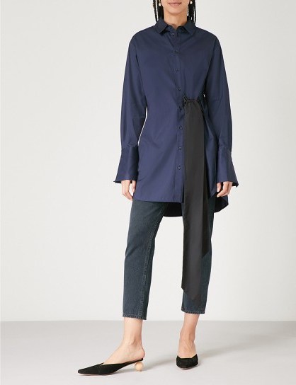 KITRI Joanna sash-detail cotton-poplin shirt ~ navy longline statement shirts ~ contemporary style clothing - flipped
