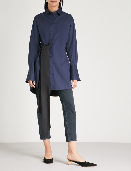 KITRI Joanna sash-detail cotton-poplin shirt ~ navy longline statement shirts ~ contemporary style clothing
