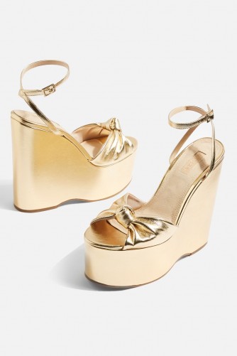 Topshop Knot Two Part Wedges | gold metallic wedges | shoe envy | 70s style glamour