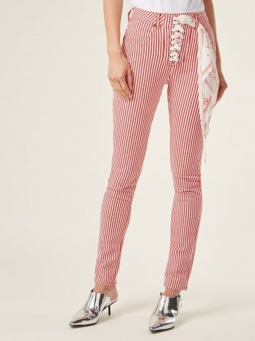 ROCKINS Lace-up high-rise jeans ~ red and white stripe skinnies ~ striped denim - flipped