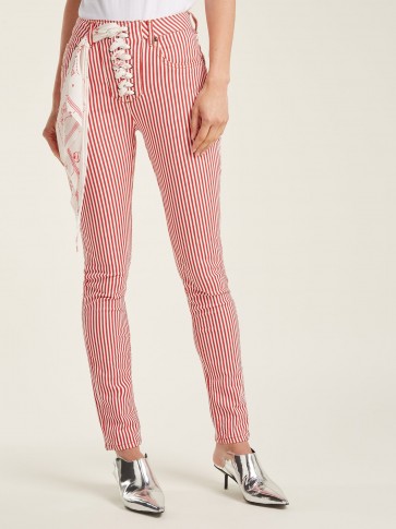 ROCKINS Lace-up high-rise jeans ~ red and white stripe skinnies ~ striped denim