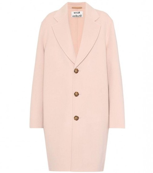 ACNE STUDIOS Landi wool and cashmere coat in Pale Pink – as worn by Katie Holmes out in New York, 17 April 2018. Celebrity coats | star style fashion - flipped