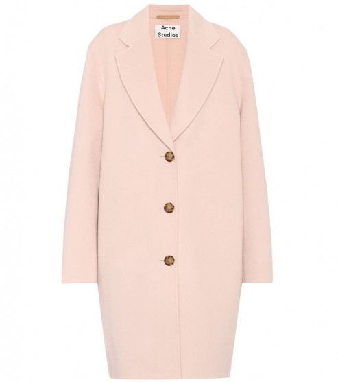 ACNE STUDIOS Landi wool and cashmere coat in Pale Pink – as worn by Katie Holmes out in New York, 17 April 2018. Celebrity coats | star style fashion