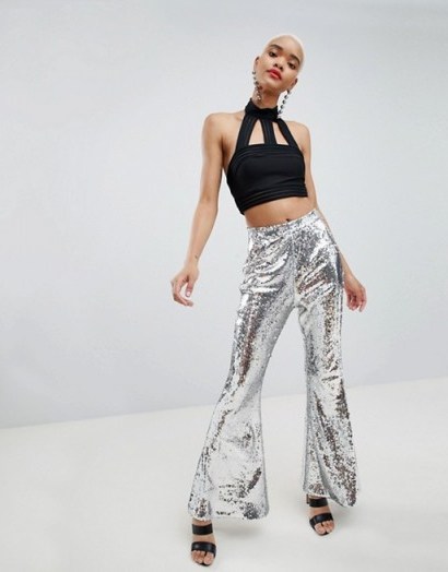 Lasula Sequin Flare – silver metallic flared trousers - flipped