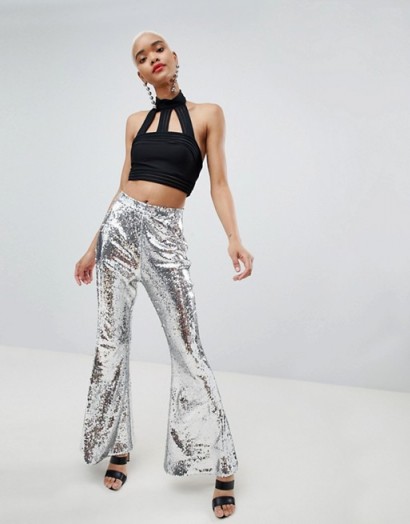 Lasula Sequin Flare – silver metallic flared trousers