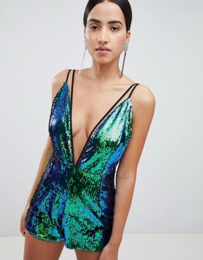Lasula Sequin Playsuit Mermaid Green – glamorous plunging playsuits - flipped