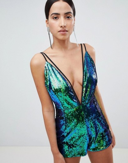 Lasula Sequin Playsuit Mermaid Green – glamorous plunging playsuits