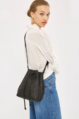 Topshop Black Leather Woven Bucket Bag - flipped