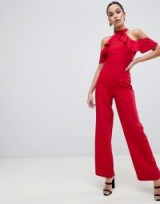 Lipsy Red Halter Neck Jumpsuit with Ruffle Detail | cold shoulder jumpsuits | party fashion