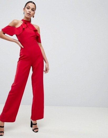 Lipsy Red Halter Neck Jumpsuit with Ruffle Detail | cold shoulder jumpsuits | party fashion - flipped