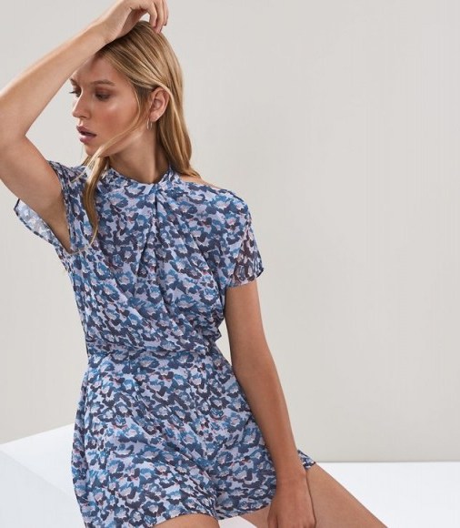 REISS LORETA DITSY PRINT PLAYSUIT BLUE FLORAL ~ cut out shoulder playsuits ~ gathered neckline - flipped
