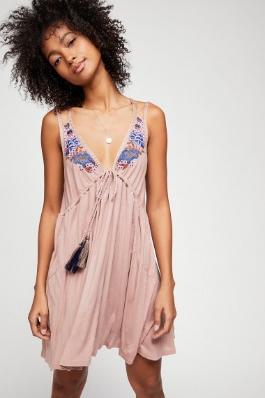 FREE PEOPLE Lovers Cove Mini Dress in Toasted Mink | pink plunging drawstring beach dresses - flipped