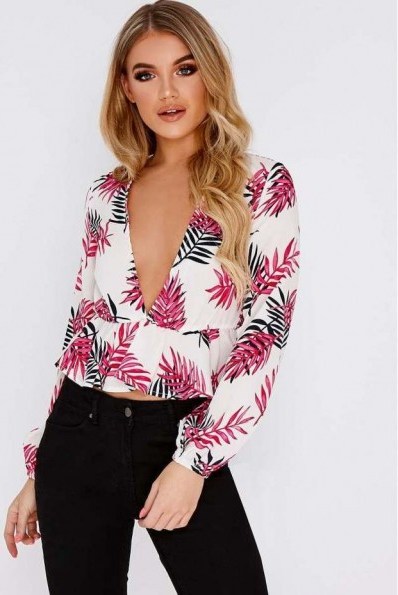 IN THE STYLE LUCILA PINK TROPICAL LEAF PRINT LONG SLEEVE PLUNGE TOP | deep V-neckline tops - flipped