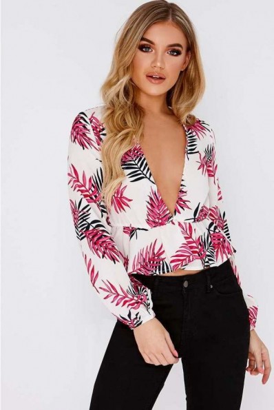 IN THE STYLE LUCILA PINK TROPICAL LEAF PRINT LONG SLEEVE PLUNGE TOP | deep V-neckline tops