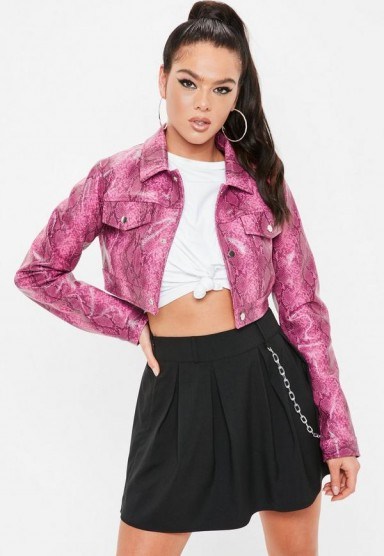 madison beer x missguided pink snake print cropped trucker jacket - flipped