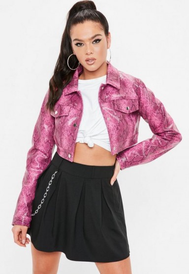 madison beer x missguided pink snake print cropped trucker jacket