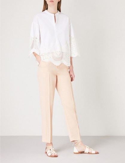MAJE Laeli lace-trim cotton top – cream collarless blouses - flipped