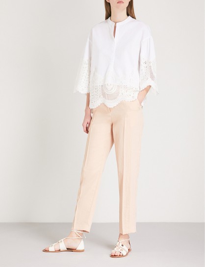 MAJE Laeli lace-trim cotton top – cream collarless blouses