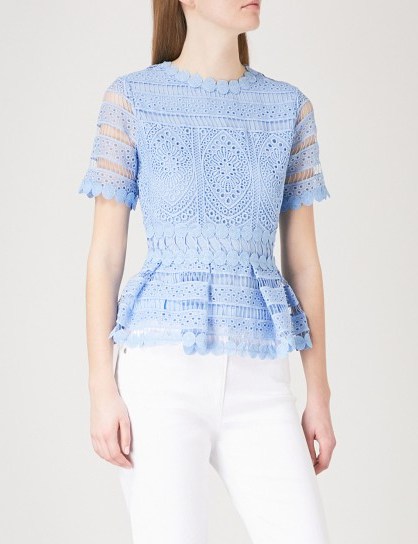MAJE Loseray embroidered-lace top – blue peplum tops - flipped
