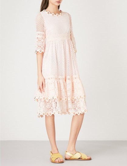 MAJE Roso guipure lace dress in rose – pale pink empire dresses - flipped