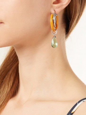 PETER PILOTTO Medium glass pendant double hoop earrings ~ orange and green teardrop hoops - flipped