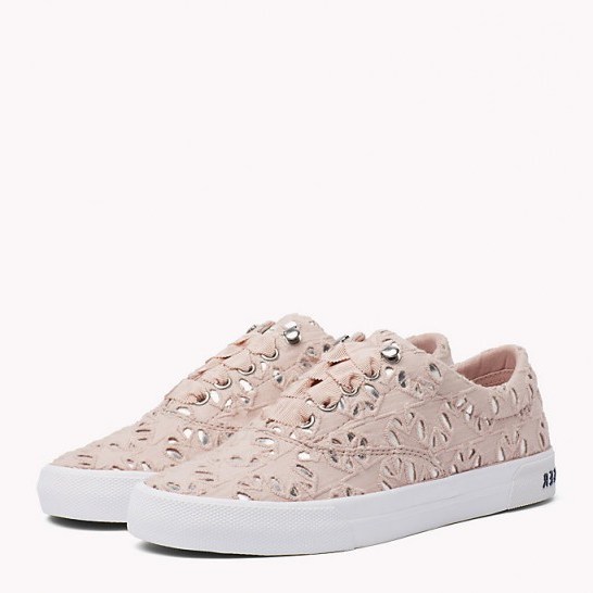TOMMY HILFIGER METALLIC DETAIL TRAINERS in DUSTY ROSE | pale pink sneakers | sport luxe shoes - flipped