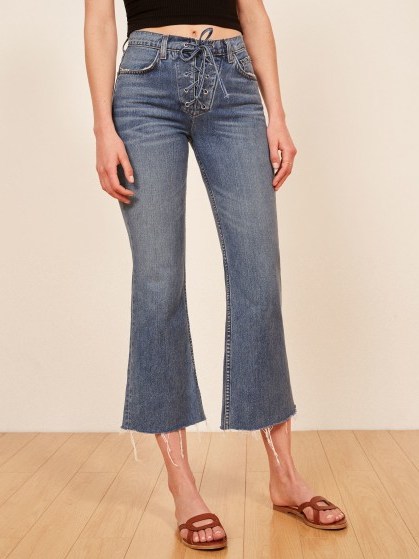 Reformation Mid Crop Flare With Lace Up in Celtic | frayed cropped denim flares - flipped
