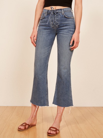 Reformation Mid Crop Flare With Lace Up in Celtic | frayed cropped denim flares