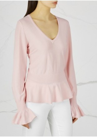 MILLY Light pink stretch-knit jumper ~ frill trim jumpers - flipped