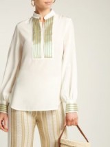 ZEUS + DIONE Mira jacquard-trimmed silk blouse ~ metallic panel blouses