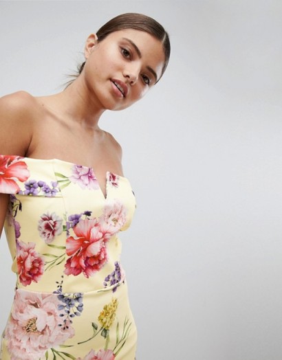 Missguided Floral Bardot Midi Dress ~ yellow off the shoulder bodycon dresses