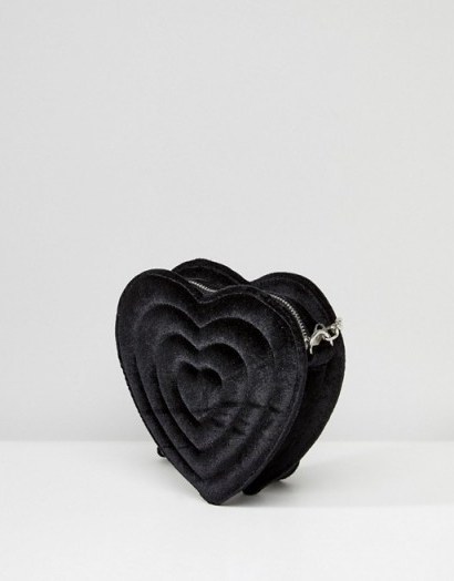 Monki Embossed Love Heart Velvet Bag ~ black crossbody ~ hearts - flipped