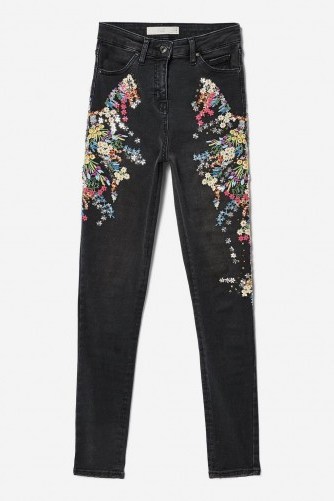 MOTO Limited Edition Sequin Jeans | black denim floral embroidered skinnies - flipped