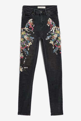 MOTO Limited Edition Sequin Jeans | black denim floral embroidered skinnies