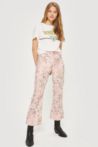 MOTO Pink Jacquard Crop Kick Flare Jeans | floral denim