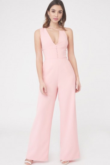 LAVISH ALICE multistrap button detail jumpsuit – pink plunge front jumpsuits