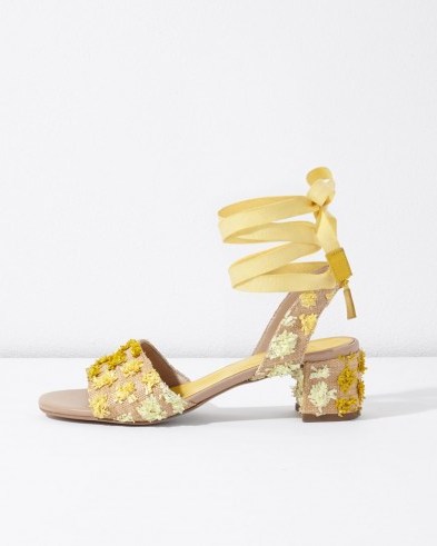 JIGSAW MYSHA RAFFIA POM HEELED SANDALS / strappy textured yellow shoes - flipped
