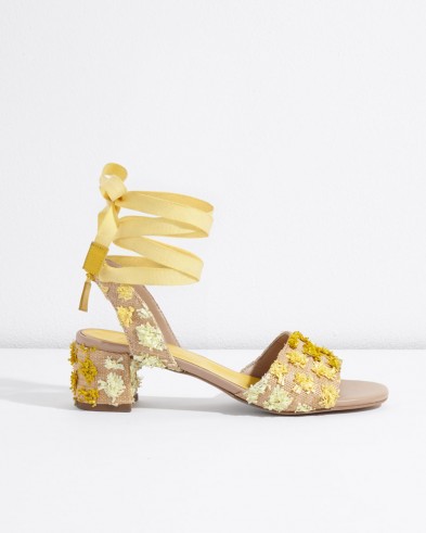 JIGSAW MYSHA RAFFIA POM HEELED SANDALS / strappy textured yellow shoes