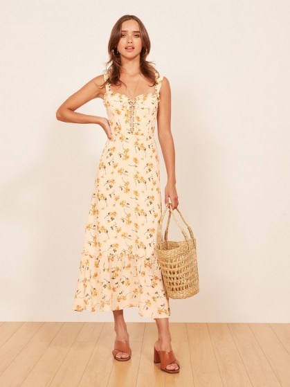 REFORMATION Naples Dress Limonada / yellow floral print ruffle trim dresses - flipped