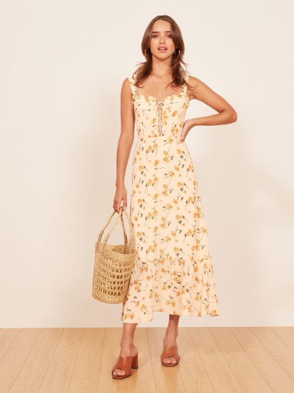 REFORMATION Naples Dress Limonada / yellow floral print ruffle trim dresses