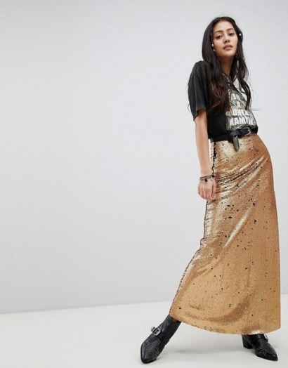 Native Rose Maxi Skirt In Sequin in Burnt Gold | long metallic skirts - flipped