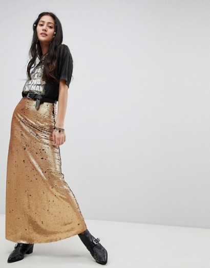 Native Rose Maxi Skirt In Sequin in Burnt Gold | long metallic skirts