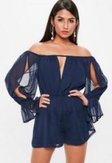 Missguided navy bardot long sleeve plunge playsuit ~ blue off the shoulder playsuits