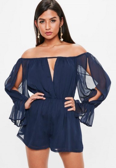 Missguided navy bardot long sleeve plunge playsuit ~ blue off the shoulder playsuits - flipped