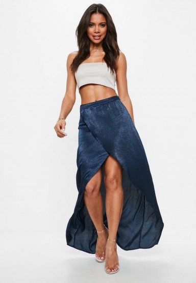 Missguided navy satin split maxi skirt | long blue wrap style skirts - flipped